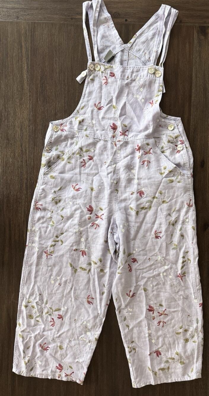 100% Linen Bib Overalls Jumpsuit Floral Magnolia Print Pearl Button Whimsical M